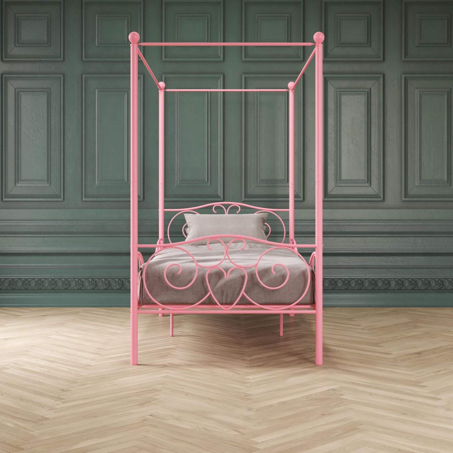 DHP Canopy Metal Bed Twin - Pink against a green paneled wall.