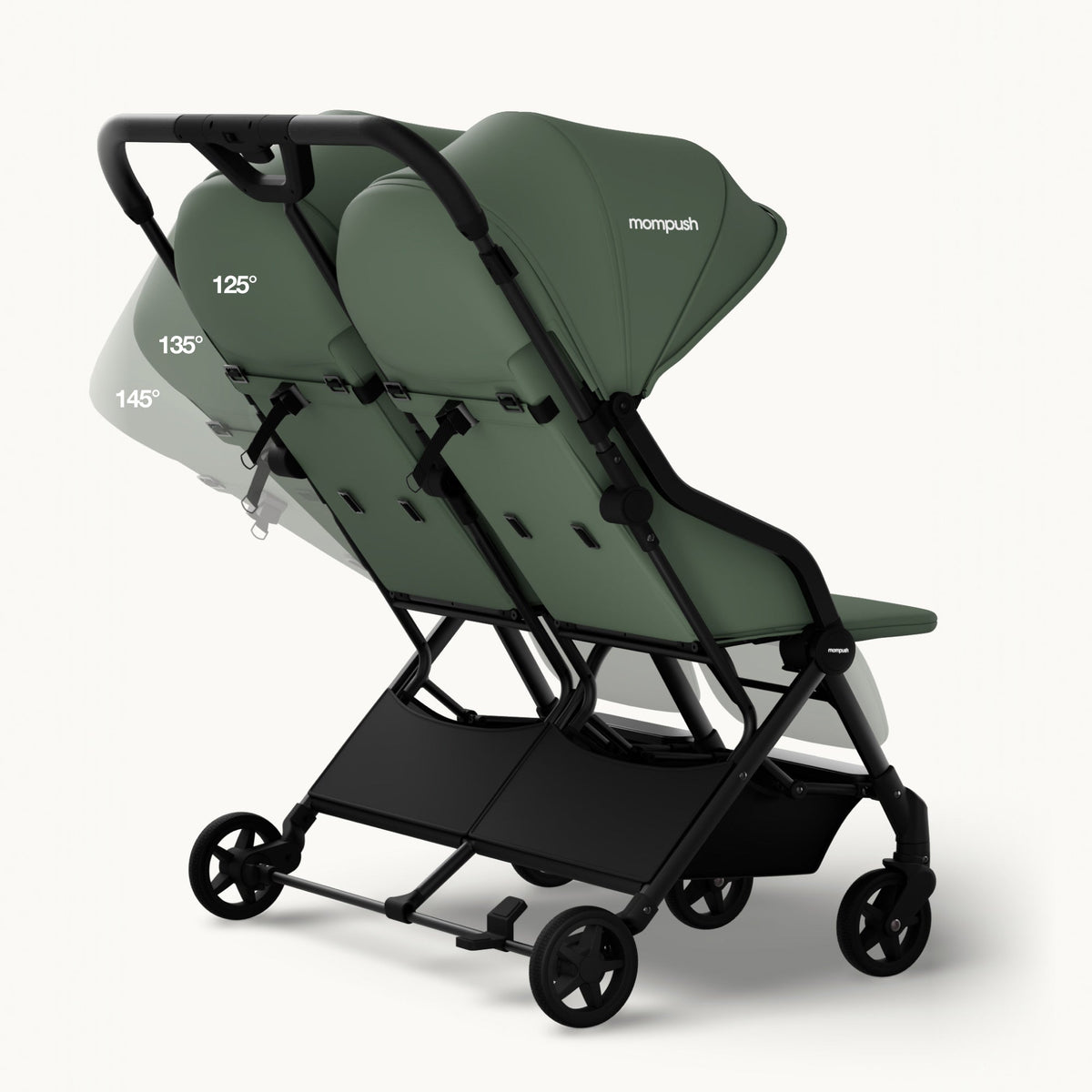 A double stroller in sage green and black, shown from a three-quarter rear angle on a light off-white background. The stroller features a large canopy with adjustable angles labeled 125°, 135°, and 145°, and the brand name 'monopush' is visible on the canopy.