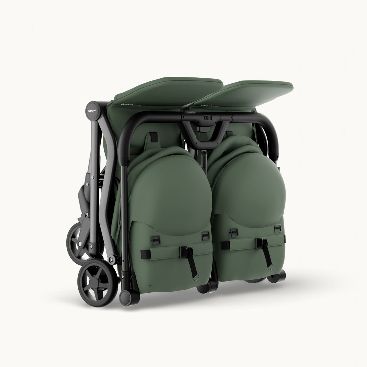 A folded stroller in sage green with a black frame and wheels, shown from a side angle on a clean, light off-white background.