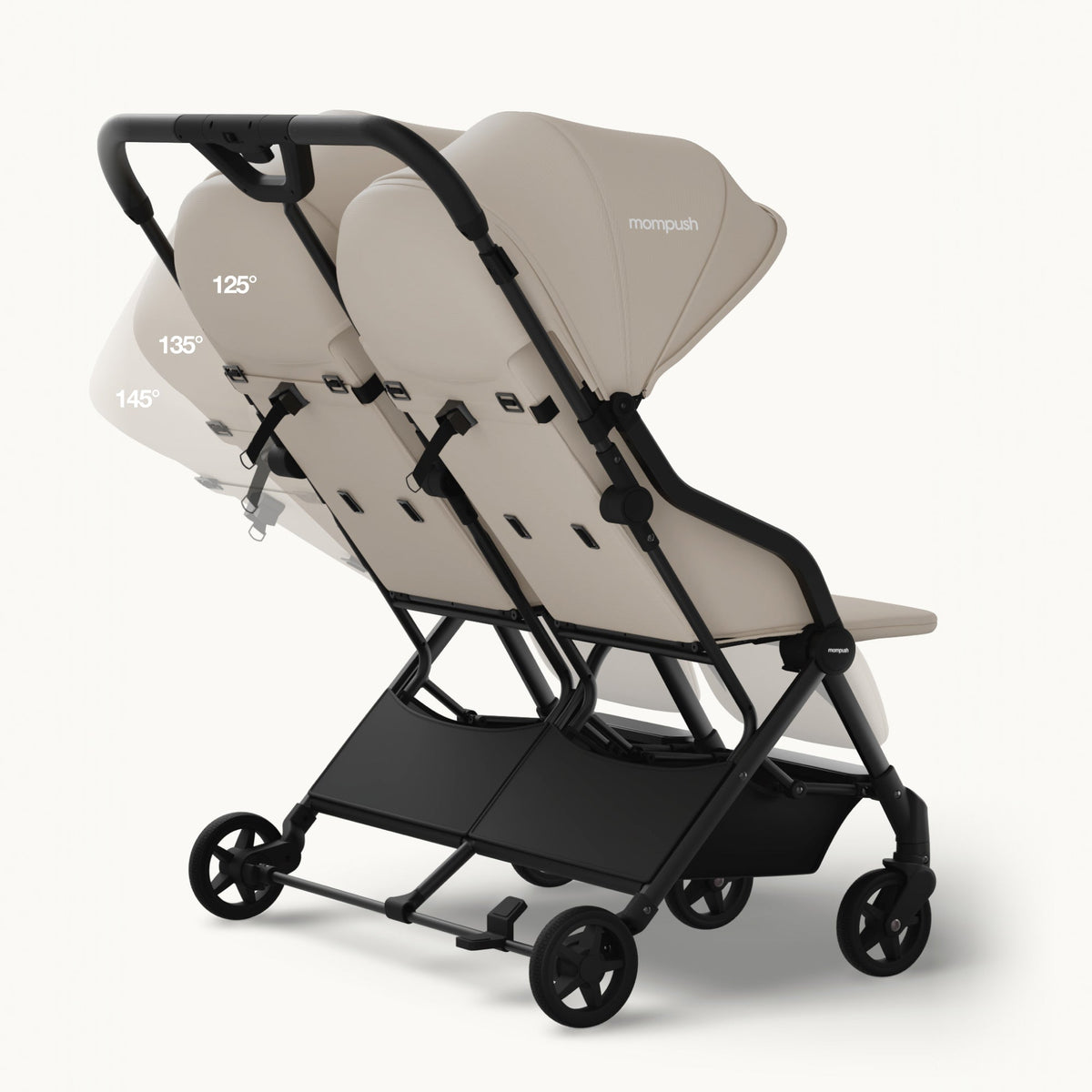 A double stroller with beige fabric seats and a black frame, shown on a clean off-white background. The stroller is positioned at an angle to display its side and interior structure, including adjustable headrests marked with angles.