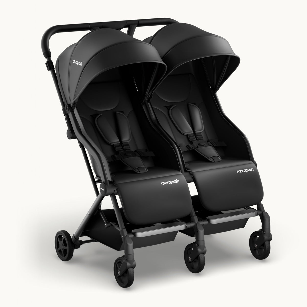 A black double stroller with dual canopies, side pockets, and a compact frame, shown on a clean off-white background. The brand name 'monopalk' is visible on the side pockets.