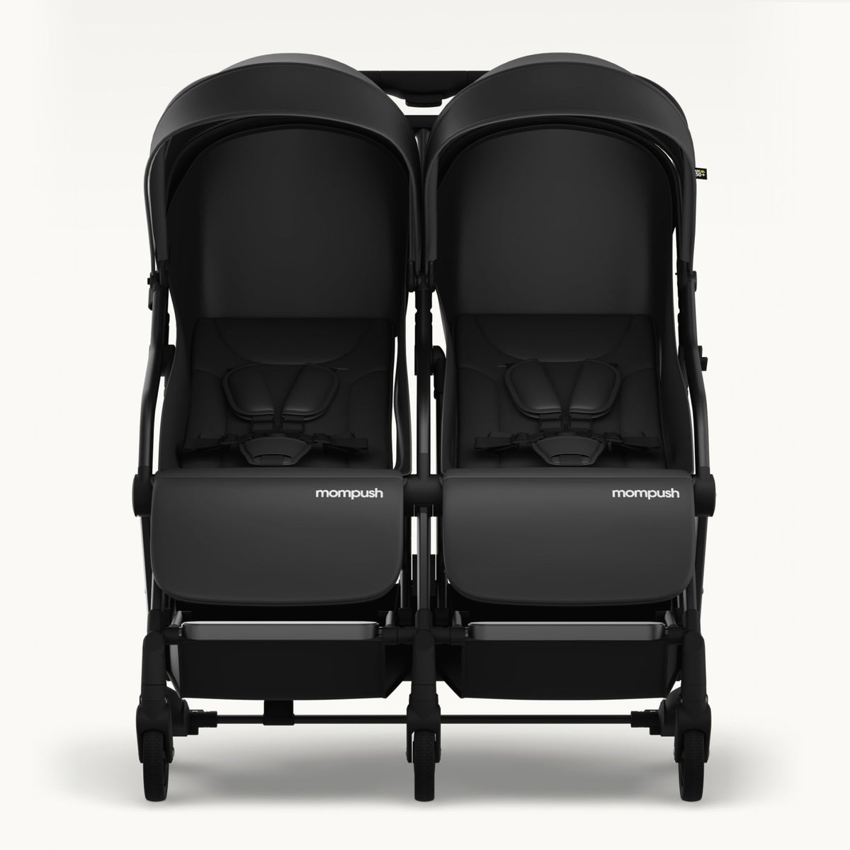A black Mompush double stroller shown from the front against a clean white background.