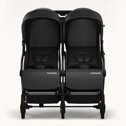 A black Mompush double stroller shown from the front against a clean white background.