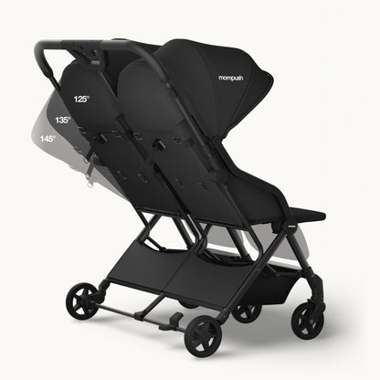 A black Mammut double stroller shown on a clean, light off-white background. The stroller is shown in a folded position with digital overlays indicating seat angles of 125 degrees, 135 degrees, and 145 degrees.