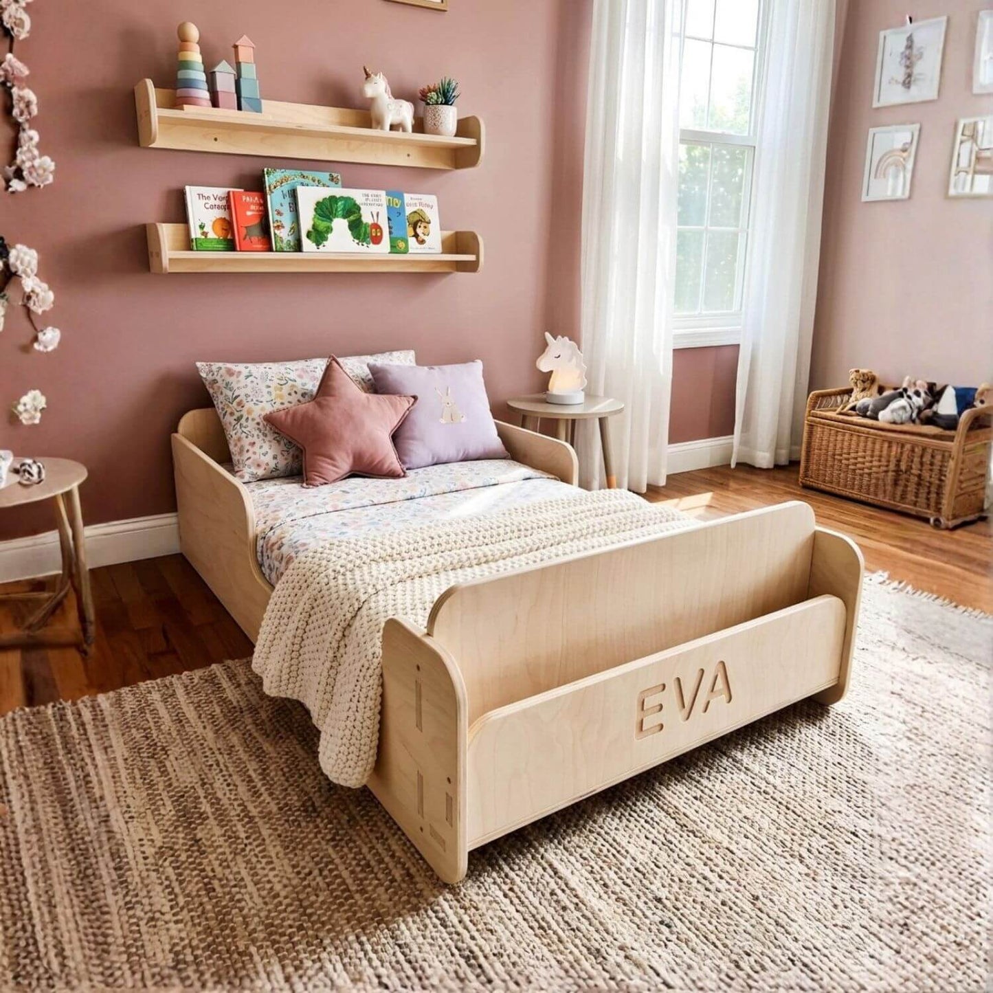 Children's bedroom with Bush Acres EVA- Floor Bed, shelves, and toys.