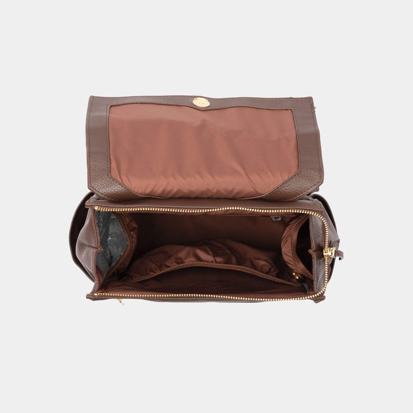 Freshly Picked Espresso Mini Classic Diaper Bag II with open interior on a light gray background