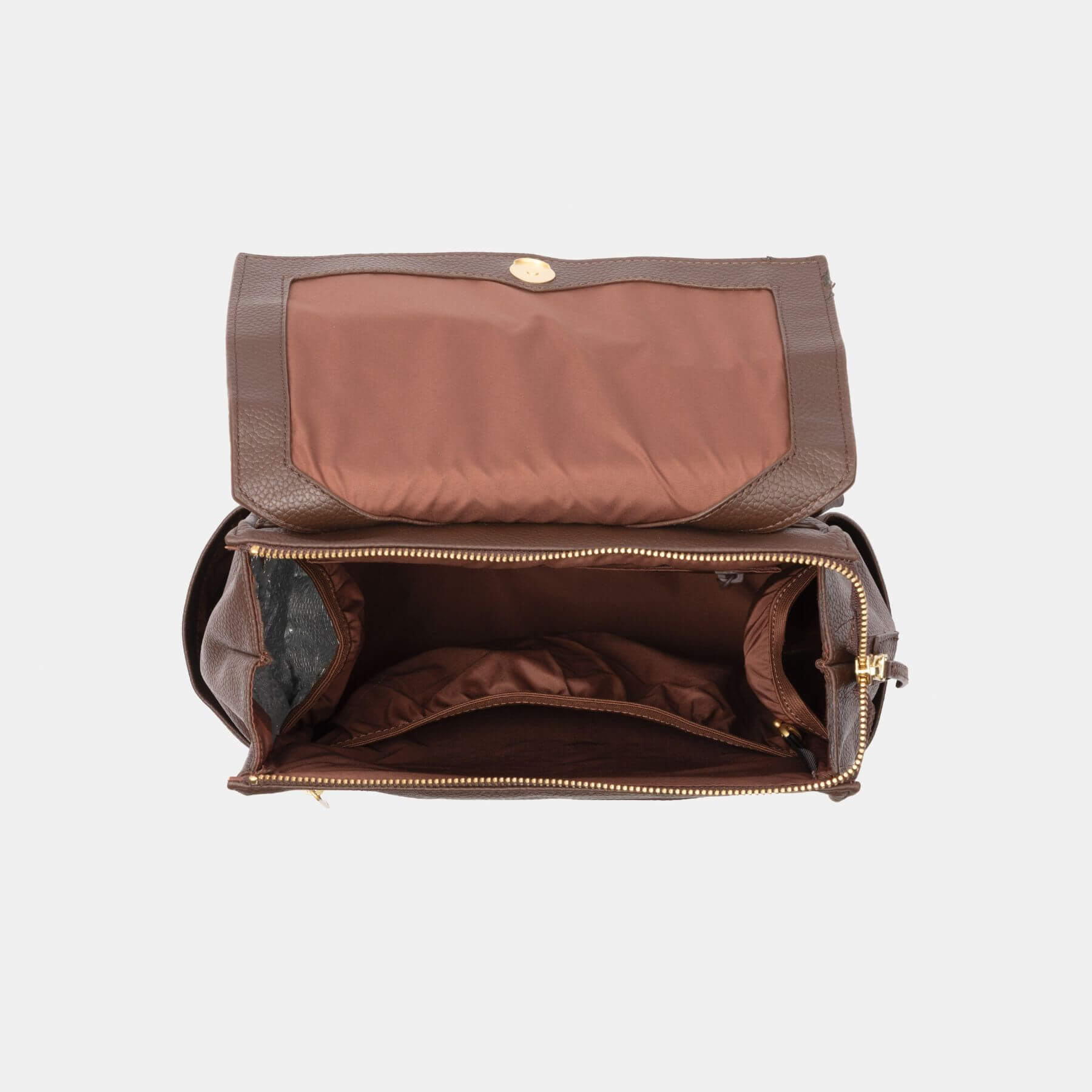 Freshly Picked Espresso Mini Classic Diaper Bag II with open interior on a light gray background