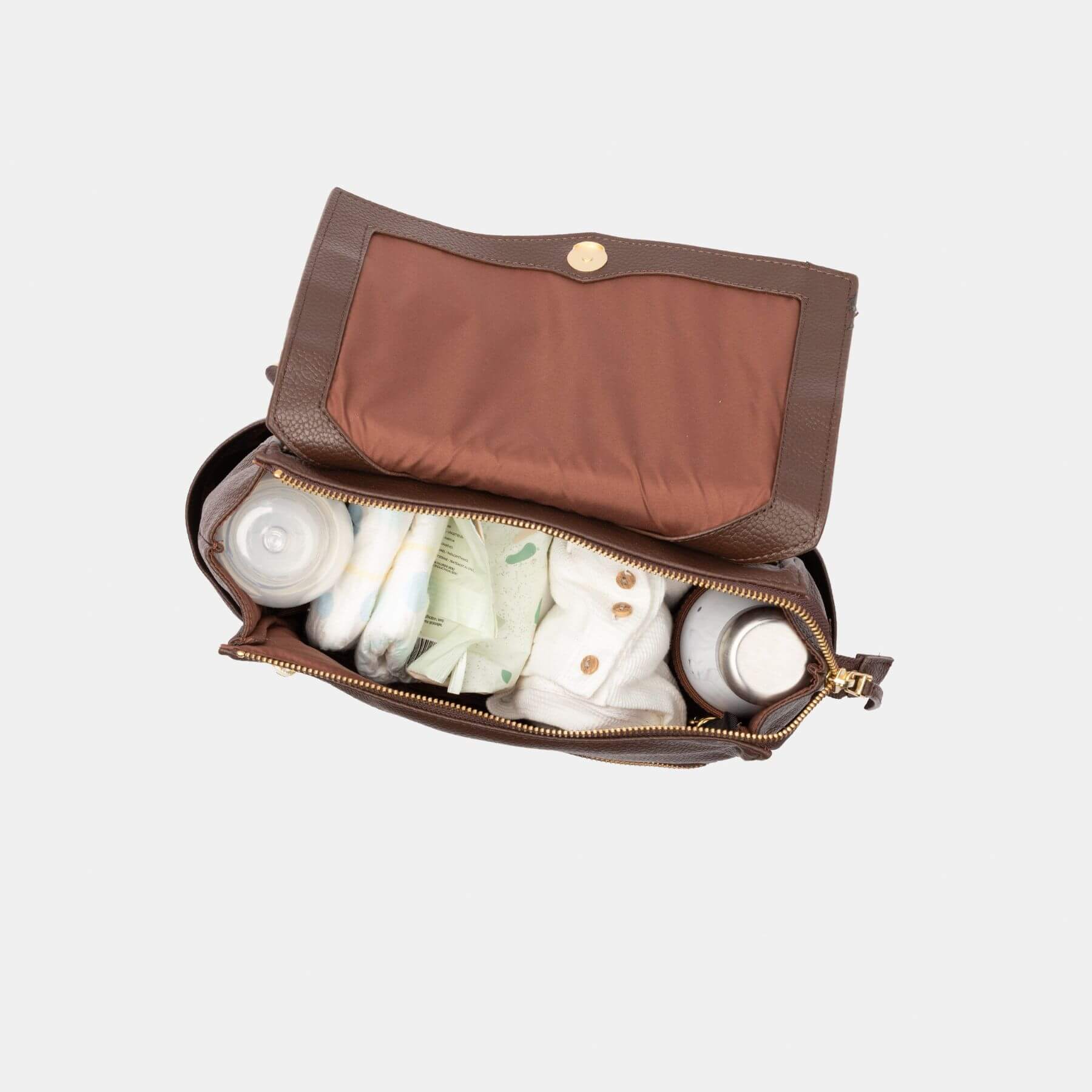 Open Freshly Picked Espresso Mini Classic Diaper Bag II with baby items