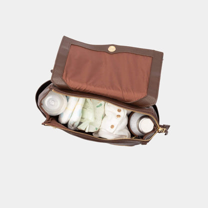 Open Freshly Picked Espresso Mini Classic Diaper Bag II with baby items