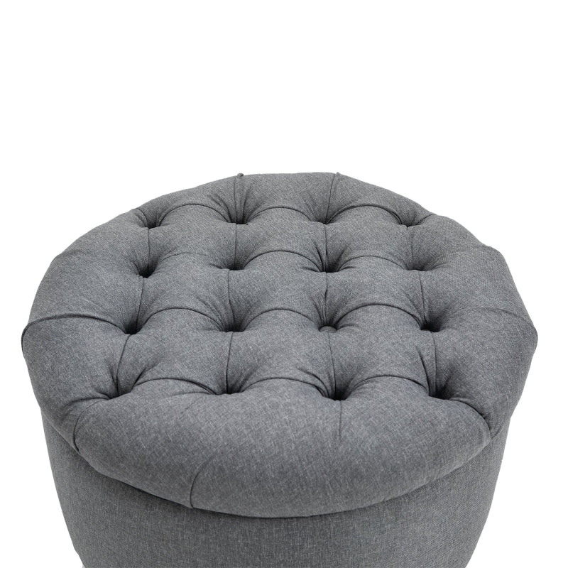 HOMCOM Round Grey Storage Stool | Button Tufted | Nursery & Multi-Use