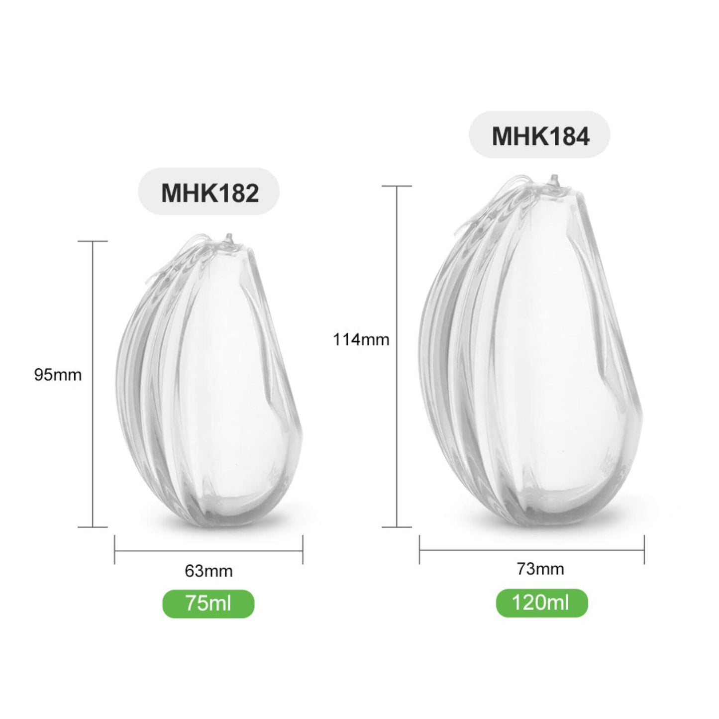 Two Haakaa Shell Wearable Silicone Breast Pump with measurements and volume labels on a white background