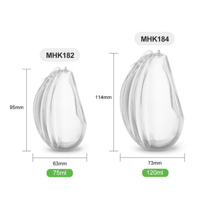 Two Haakaa Shell Wearable Silicone Breast Pump with measurements and volume labels on a white background