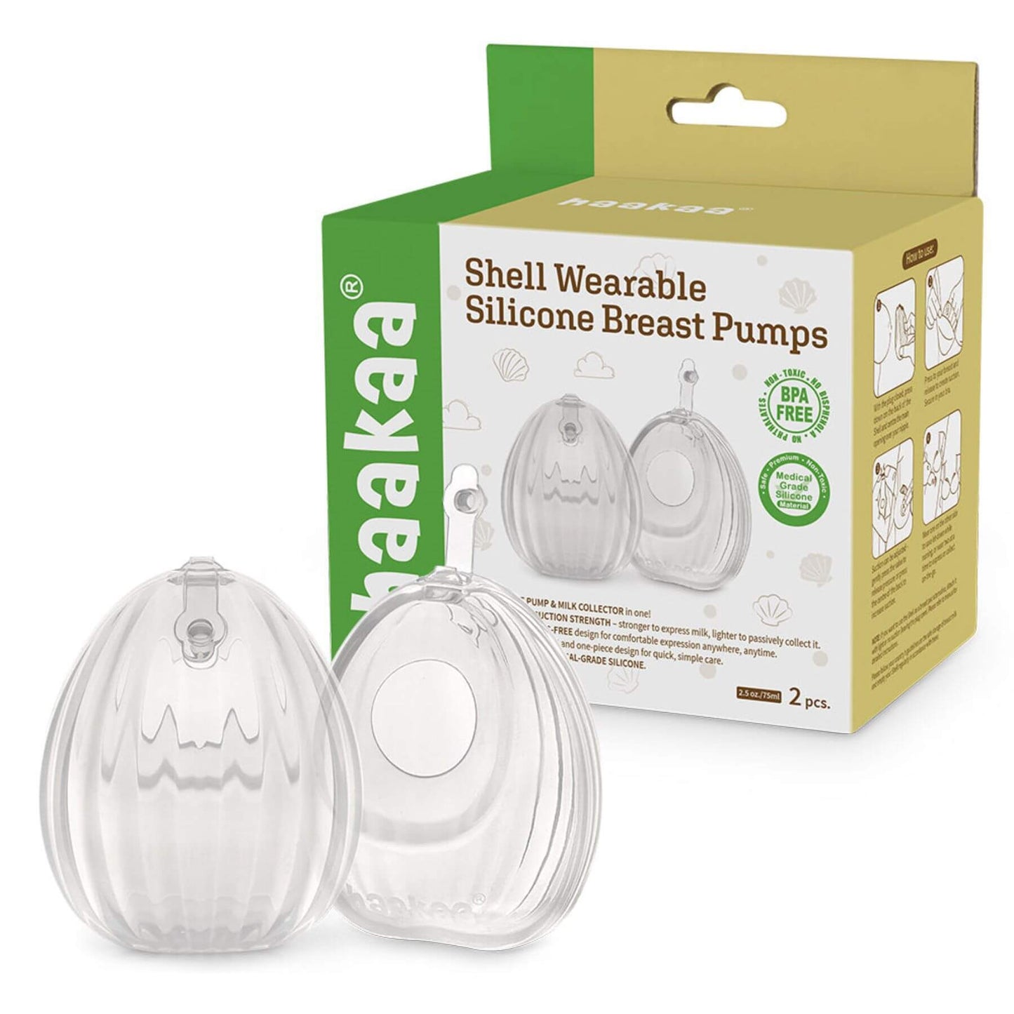 Shell wearable silicone breast pumps with packaging on a white background