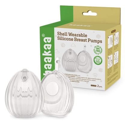 Shell wearable silicone breast pumps with packaging on a white background
