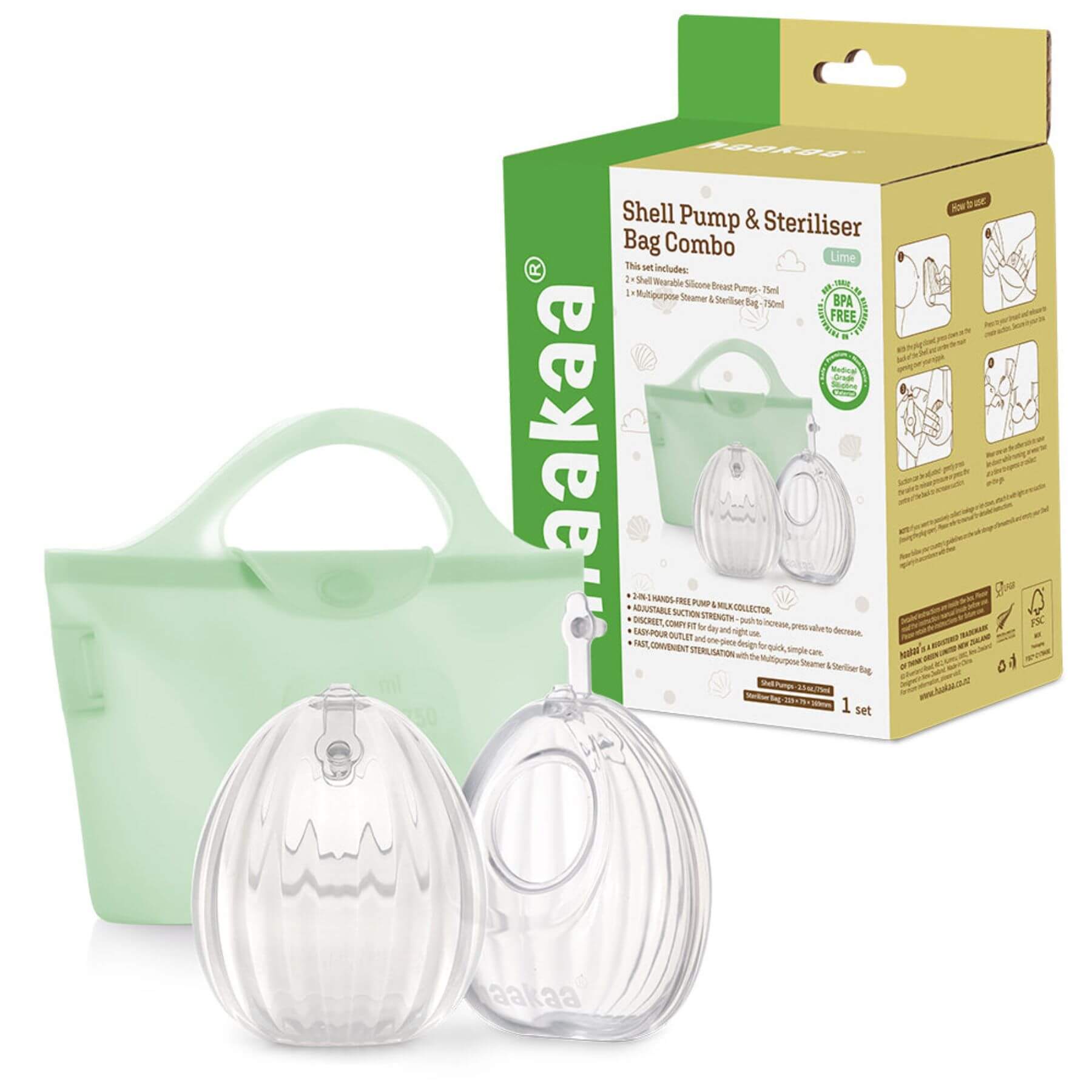 Shell pump and sterilizer bag combo with packaging on a white background