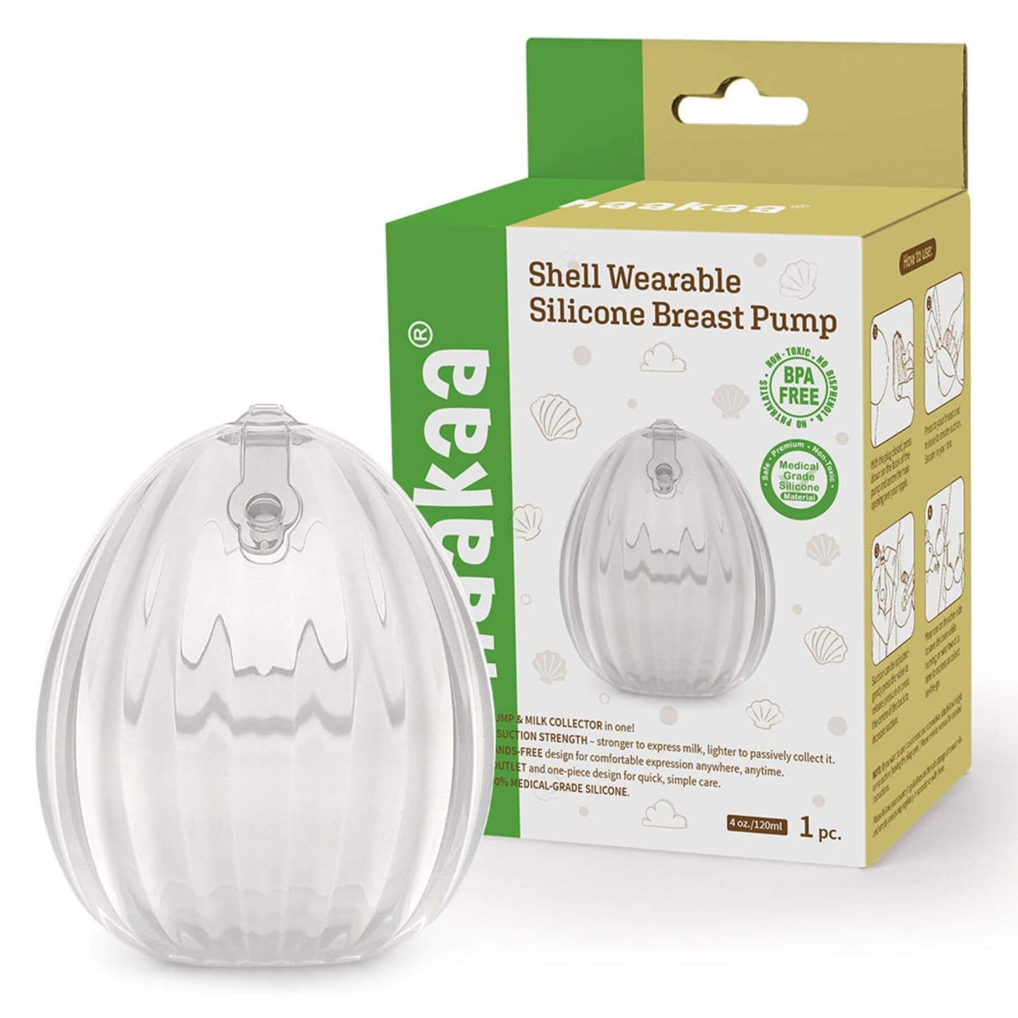 Shell wearable silicone breast pump with packaging on a white background