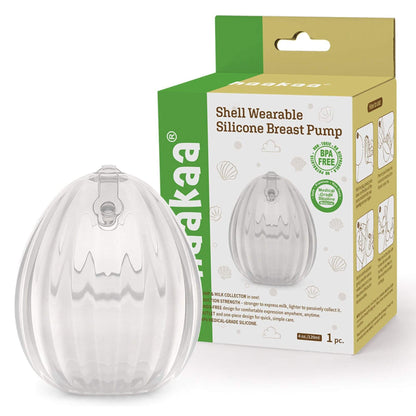 Shell wearable silicone breast pump with packaging on a white background