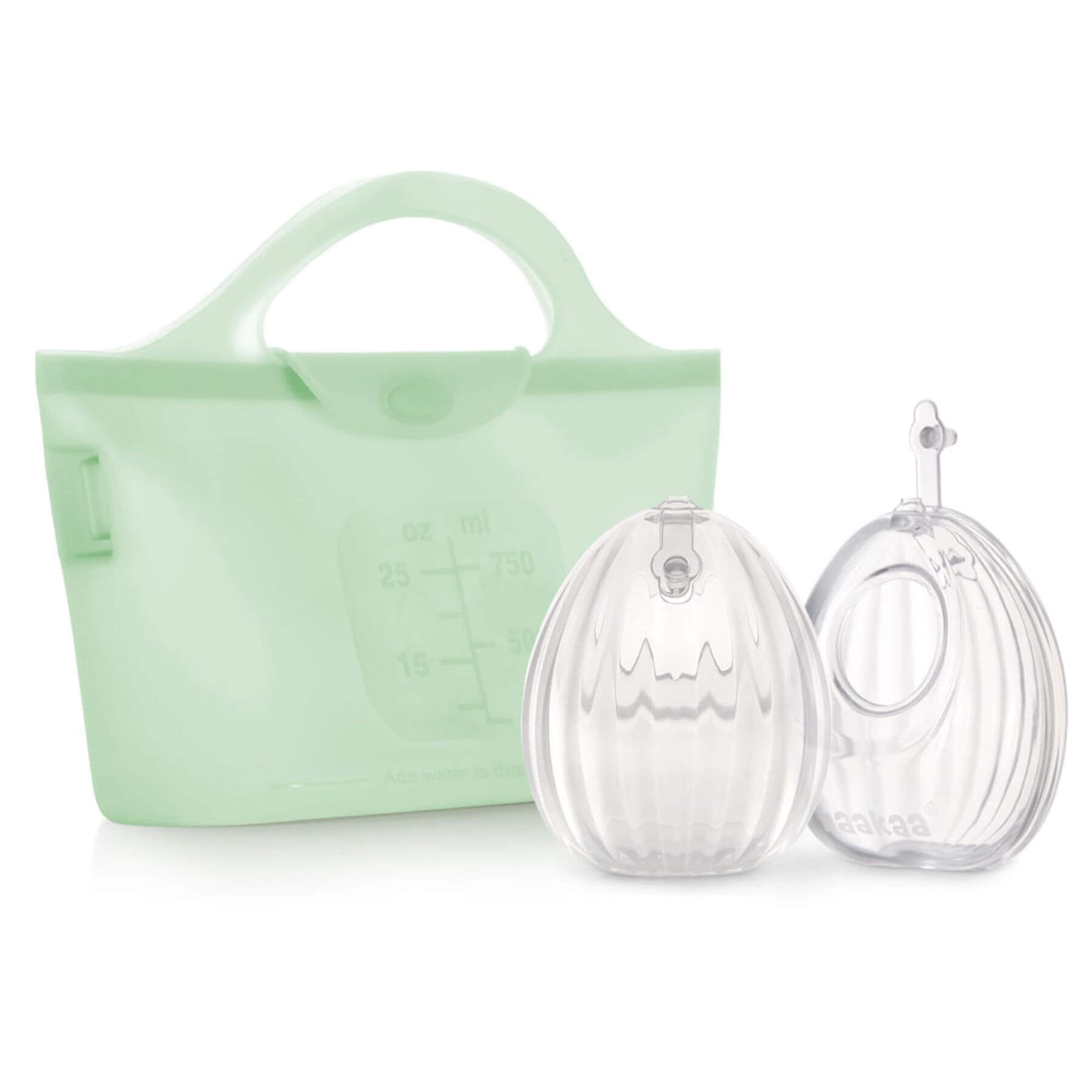Green silicone bag with two Haakaa Shell Wearable Silicone Breast Pump on a white background