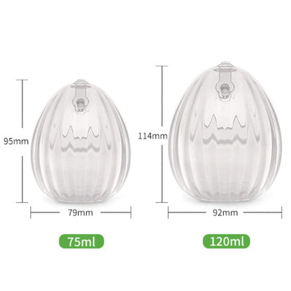 Two Haakaa Shell Wearable Silicone Breast Pump with measurements and volume labels on a white background