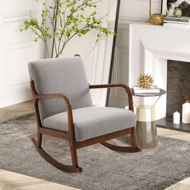 HOMCOM Upholstered Nursery Rocking Armchair | Wood Base & Linen Fabric Seat | Grey