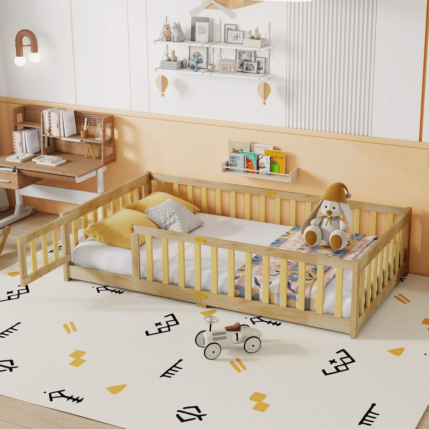 Children's bedroom with Inspirit Twin Size Floor Bed with Fence and Door - Natural, toys, and shelves.