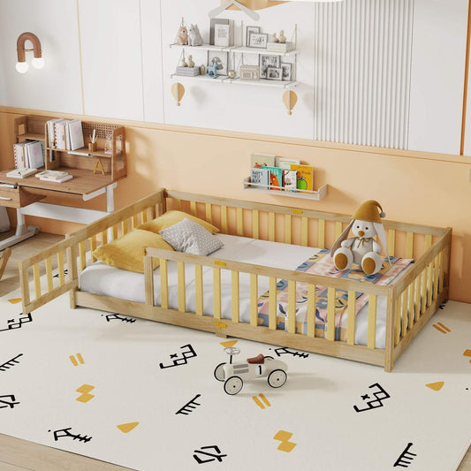 Children's bedroom with Inspirit Twin Size Floor Bed with Fence and Door - Natural, toys, and shelves.