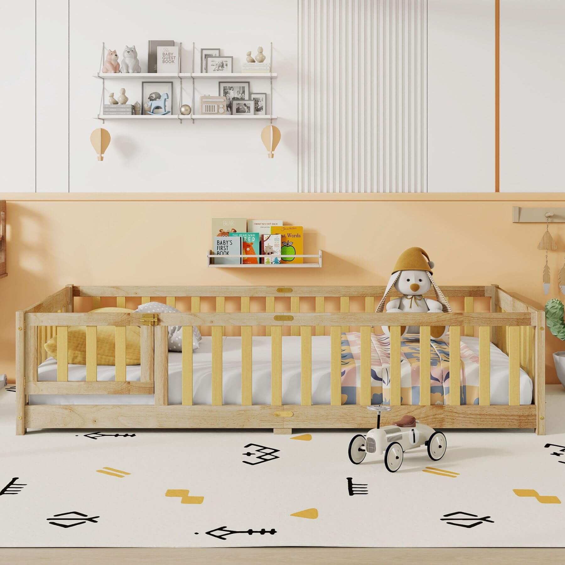 Inspirit Twin Size Floor Bed with Fence and Door - Natural with white bedding in a nursery with toys and decor.