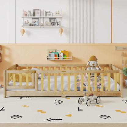 Inspirit Twin Size Floor Bed with Fence and Door - Natural with white bedding in a nursery with toys and decor.