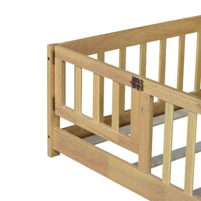 Close-up of Inspirit Twin Size Floor Bed with Fence and Door - Natural