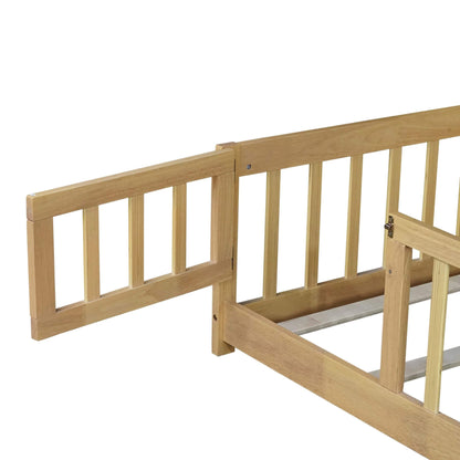 Close-up of Inspirit Twin Size Floor Bed with Fence and Door - Natural