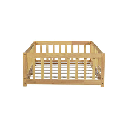 Inspirit Twin Size Floor Bed with Fence and Door - Natural
