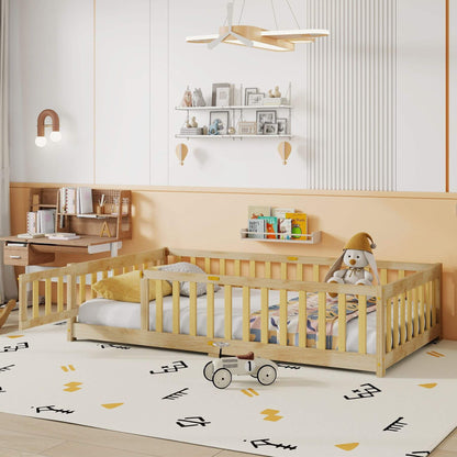 Children's bedroom with Inspirit Twin Size Floor Bed with Fence and Door - Natural, desk, and shelves.