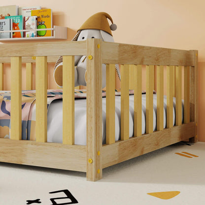 Inspirit Twin Size Floor Bed with Fence and Door - Natural with bedding and toys in a child's room