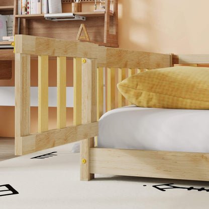 Inspirit Twin Size Floor Bed with Fence and Door - Natural with a yellow pillow in a room setting