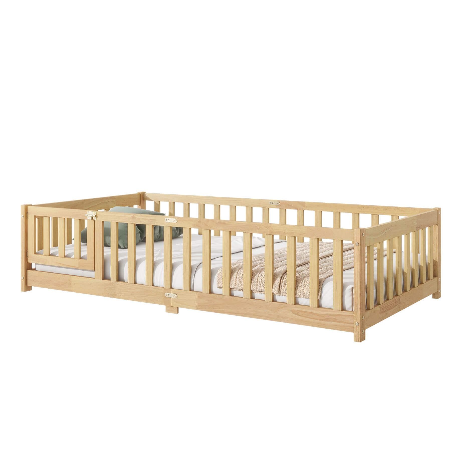 Inspirit Twin Size Floor Bed with Fence and Door - Natural