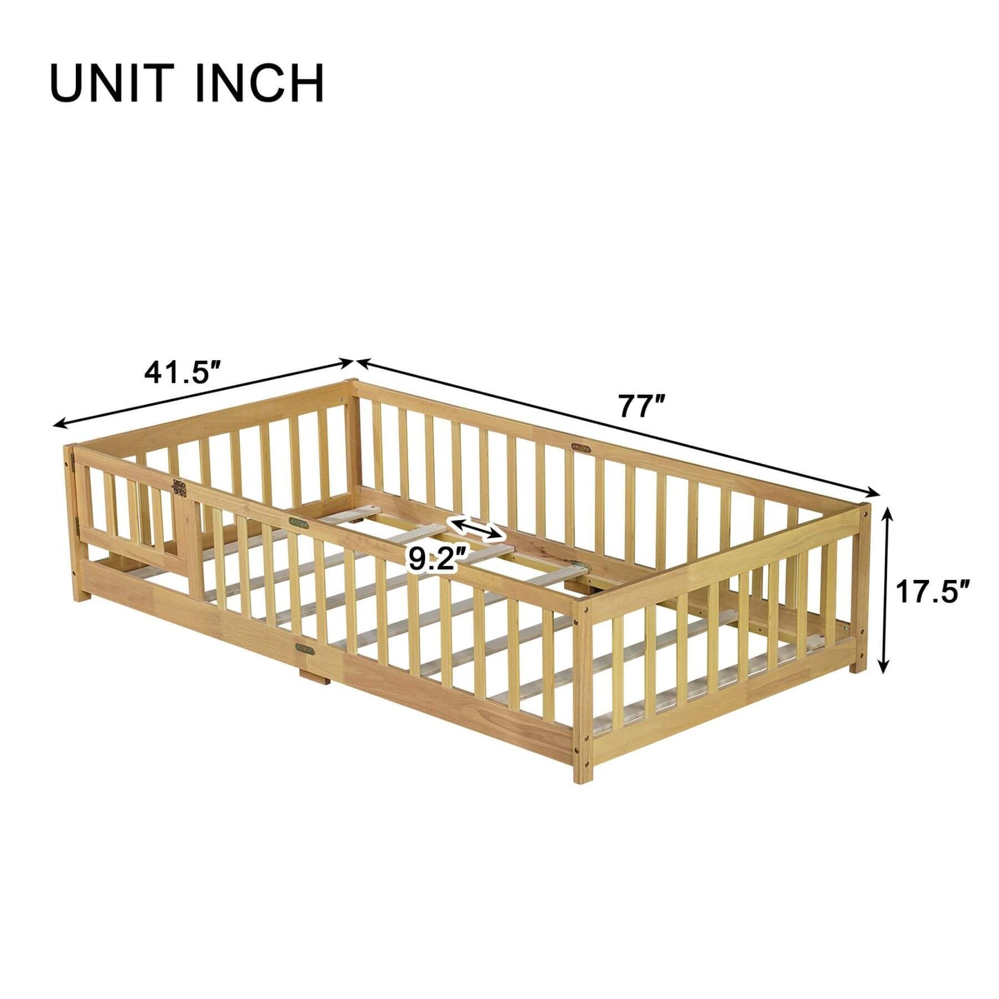 Inspirit Twin Size Floor Bed with Fence and Door - Natural with measurements labeled in inches on a white background