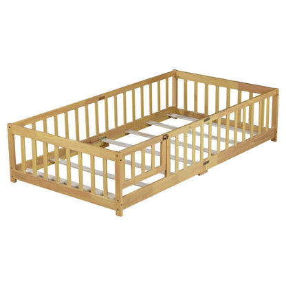 Inspirit Twin Size Floor Bed with Fence and Door - Natural