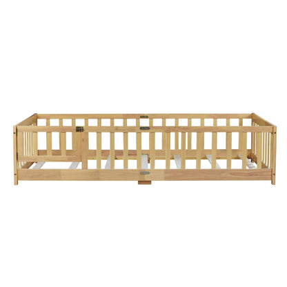 Inspirit Twin Size Floor Bed with Fence and Door - Natural