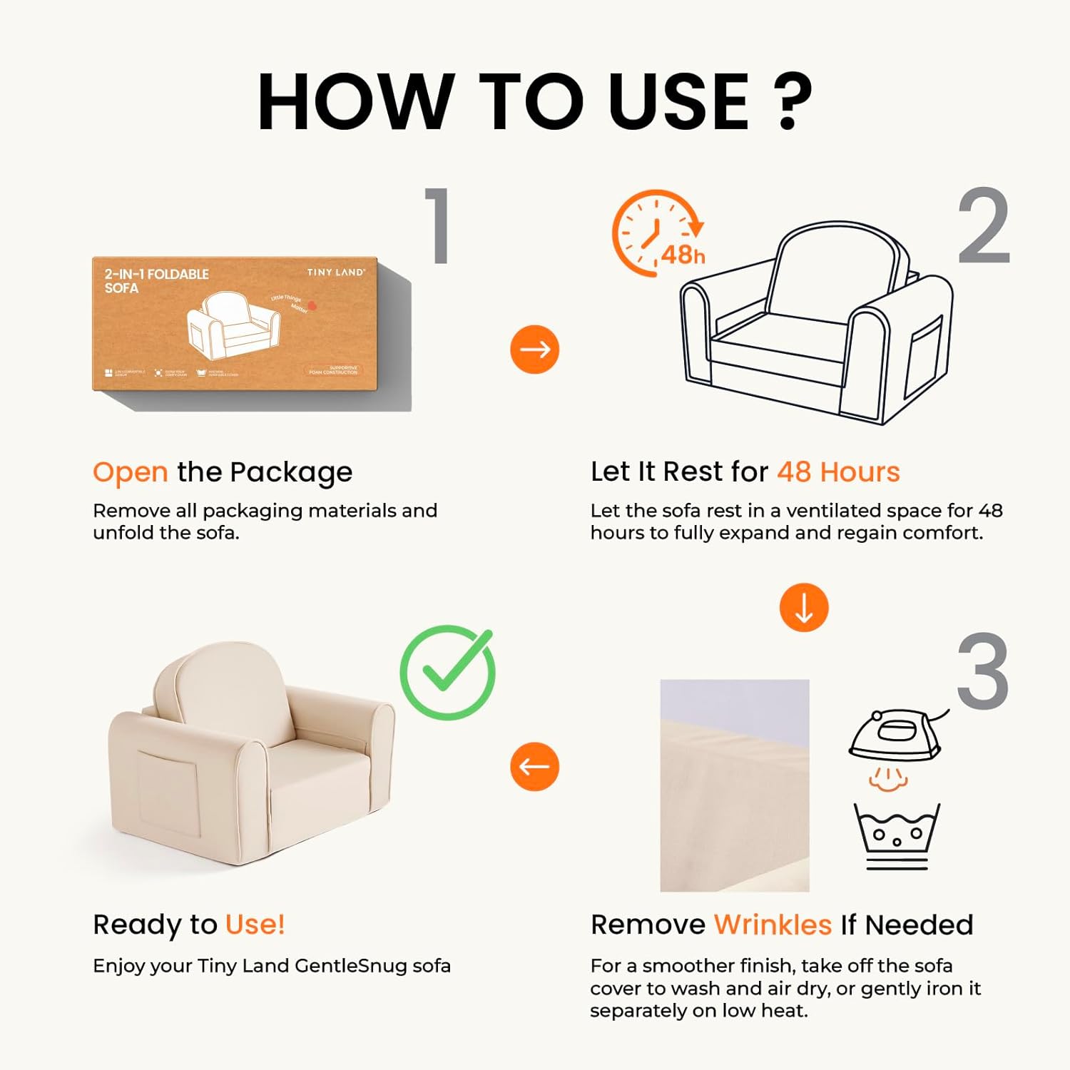 Step-by-step guide on how to use Tiny Land® GentleSnug Kid Chair with images and text.