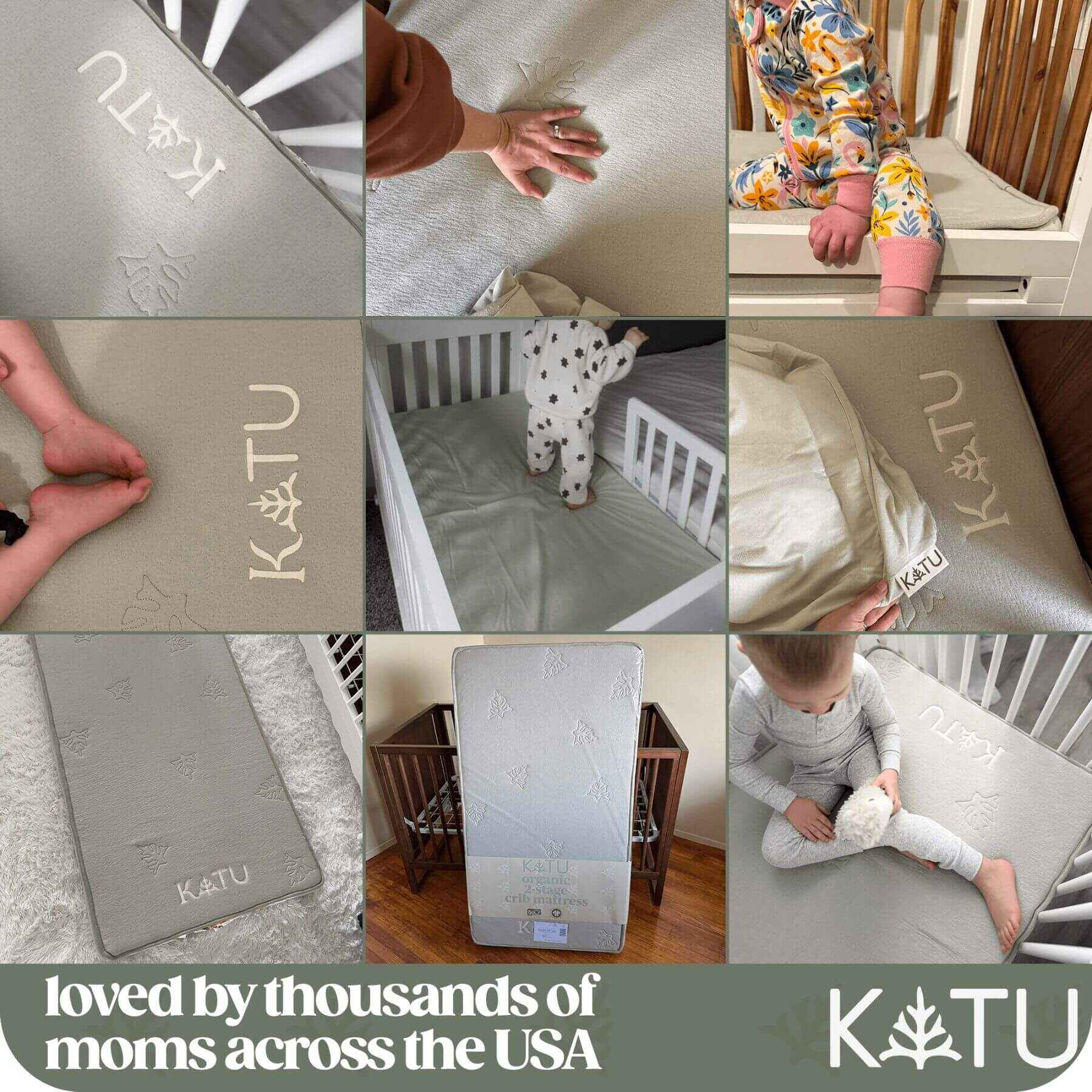 Collage of images featuring KATU products and branding, including baby items and furniture.