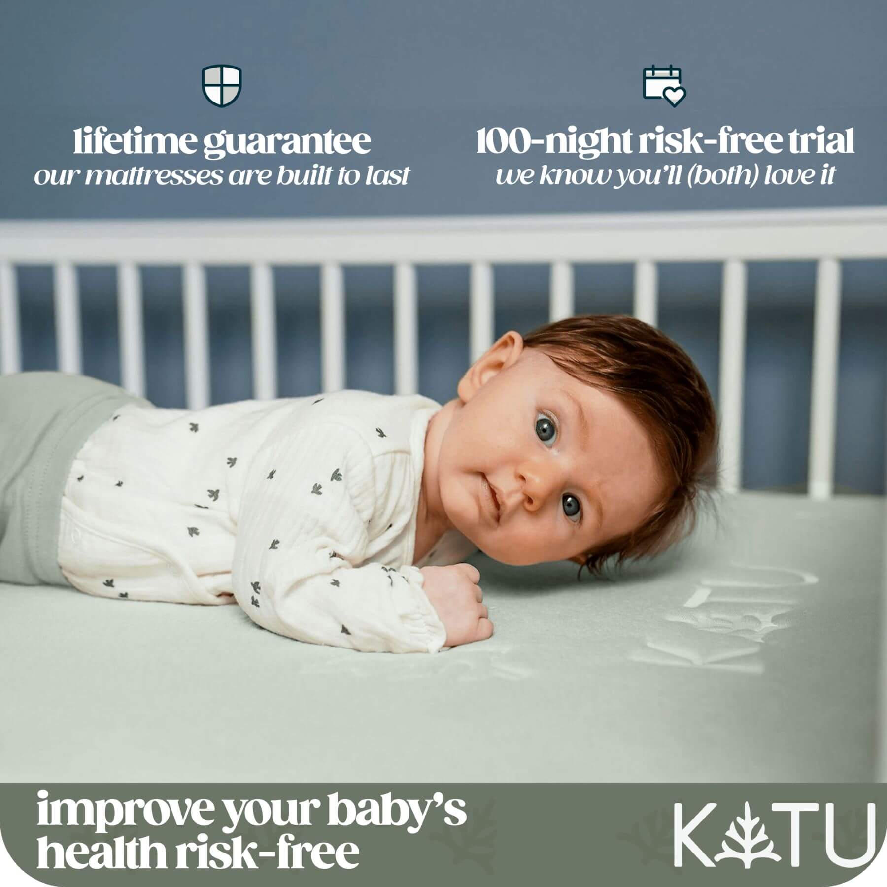 Baby lying on a mattress with KATU branding and promotional text.