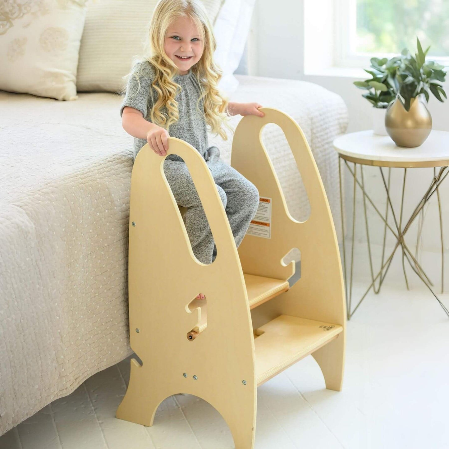 Girl Standing on Little Partners 3-in-1 Growing Step Stool Natural