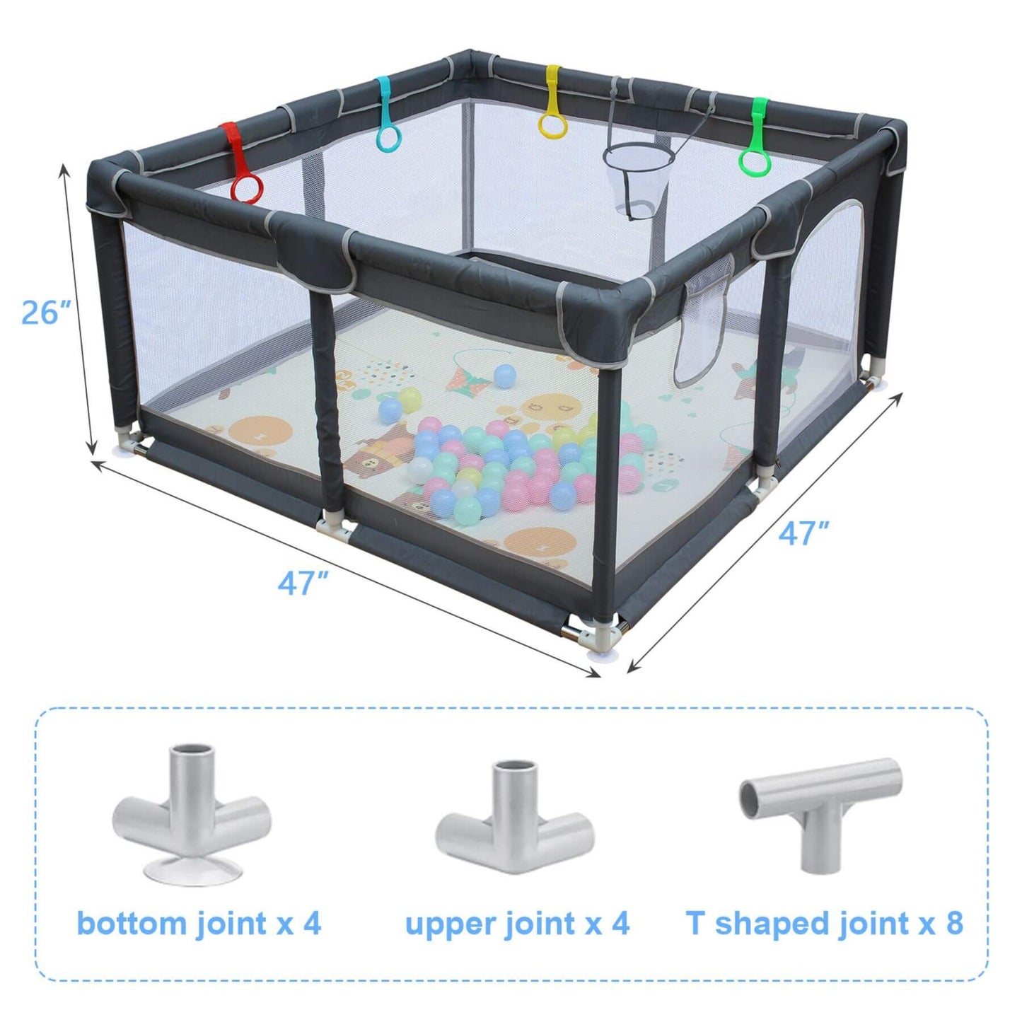MGSPORT 47" x 47" Baby Playard with dimensions and joint types displayed