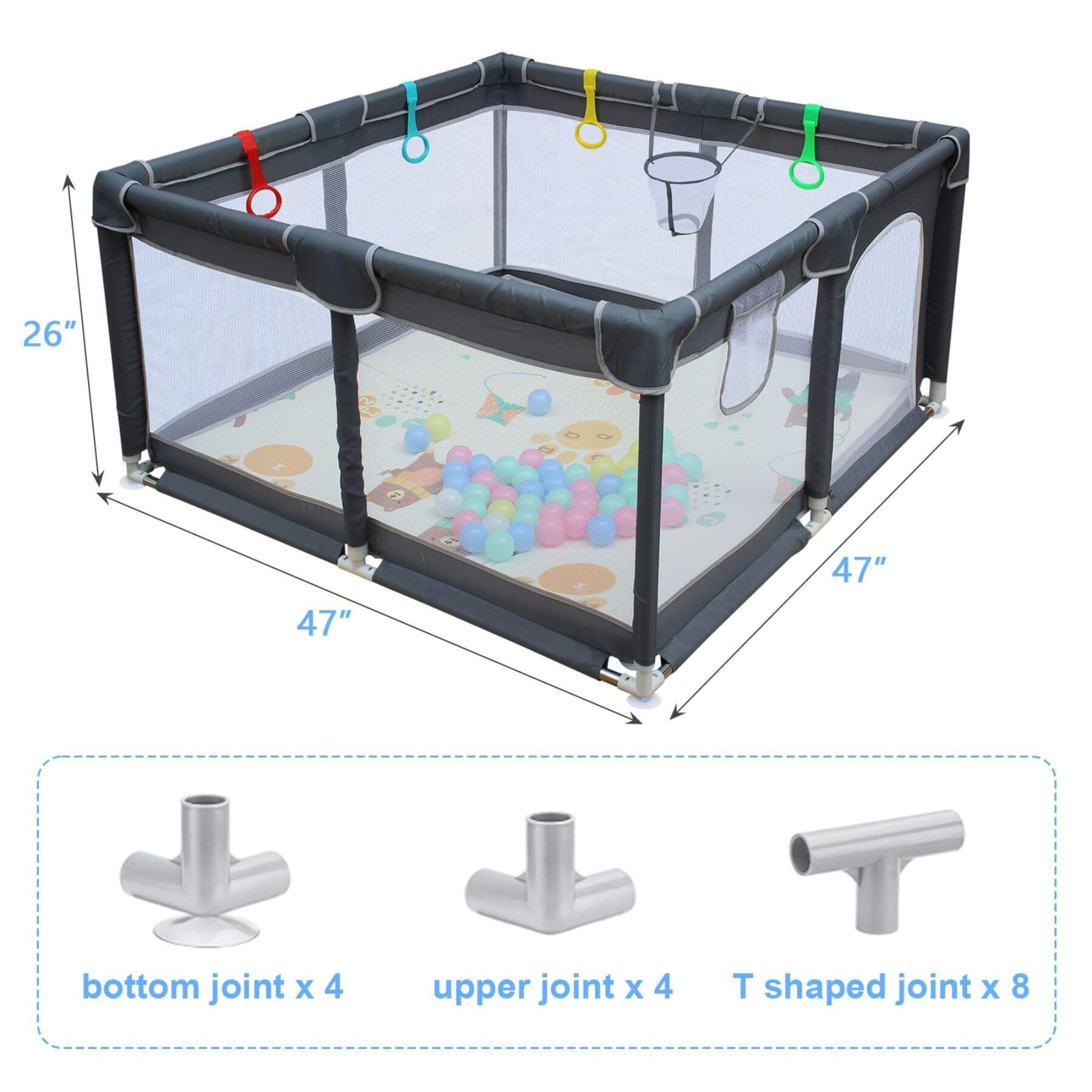 MGSPORT 47" x 47" Baby Playard with dimensions and joint types displayed