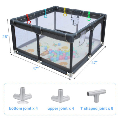 MGSPORT 47" x 47" Baby Playard with dimensions and joint types displayed