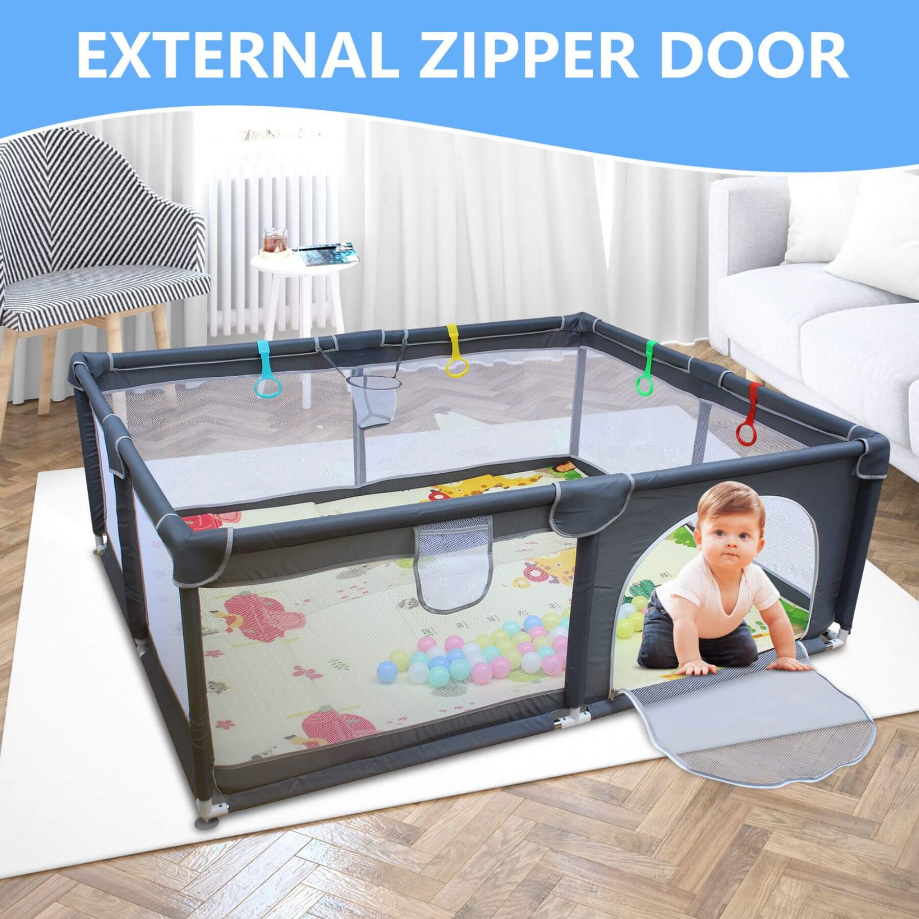 Baby playpen with external zipper door in a living room setting