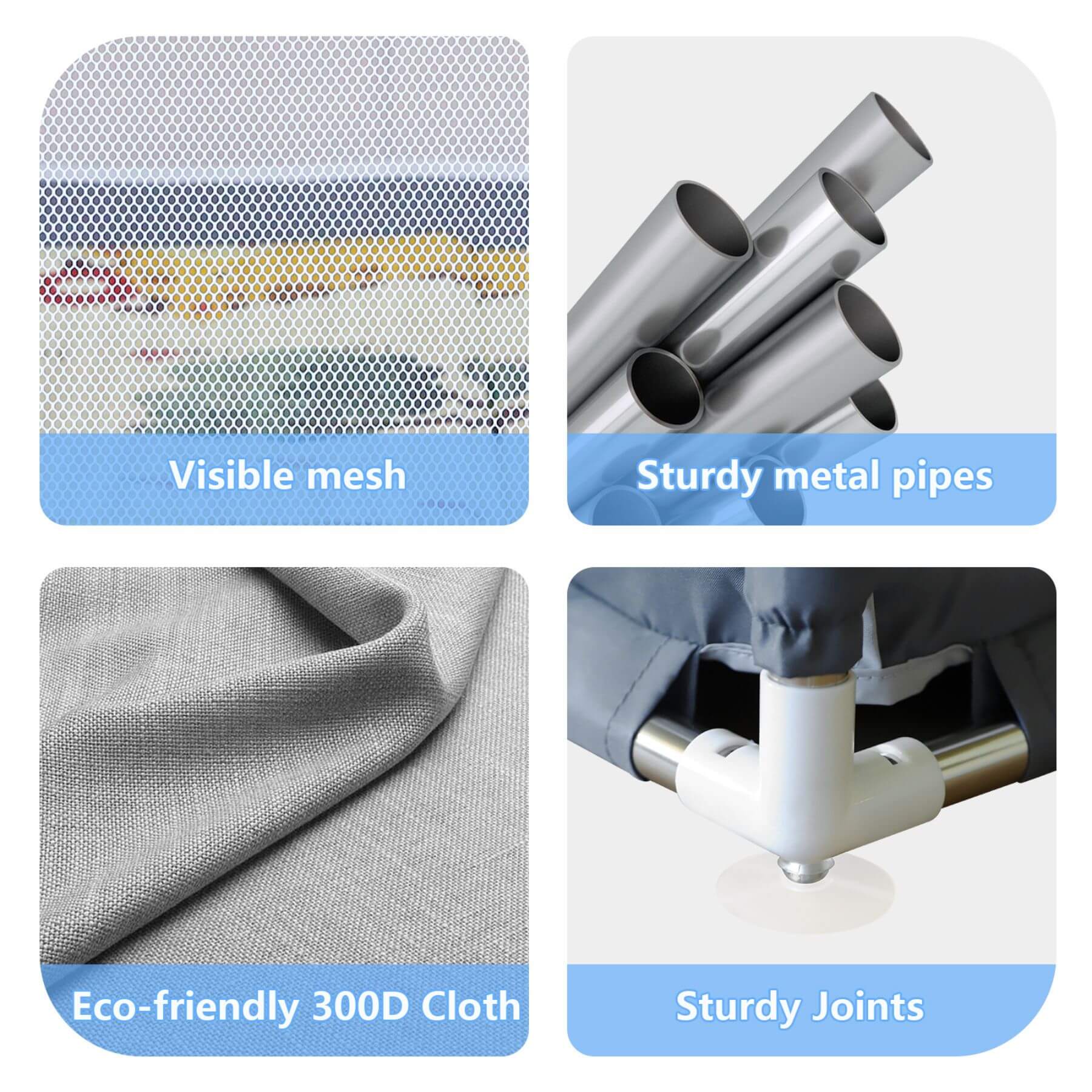 Product features including visible mesh, sturdy metal pipes, eco-friendly 300D cloth, and sturdy joints.