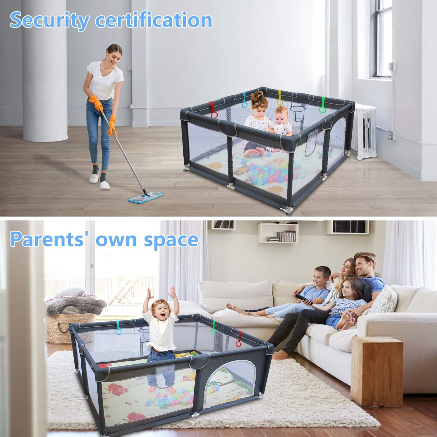 Baby playpen in a living room with children playing and parents relaxing.