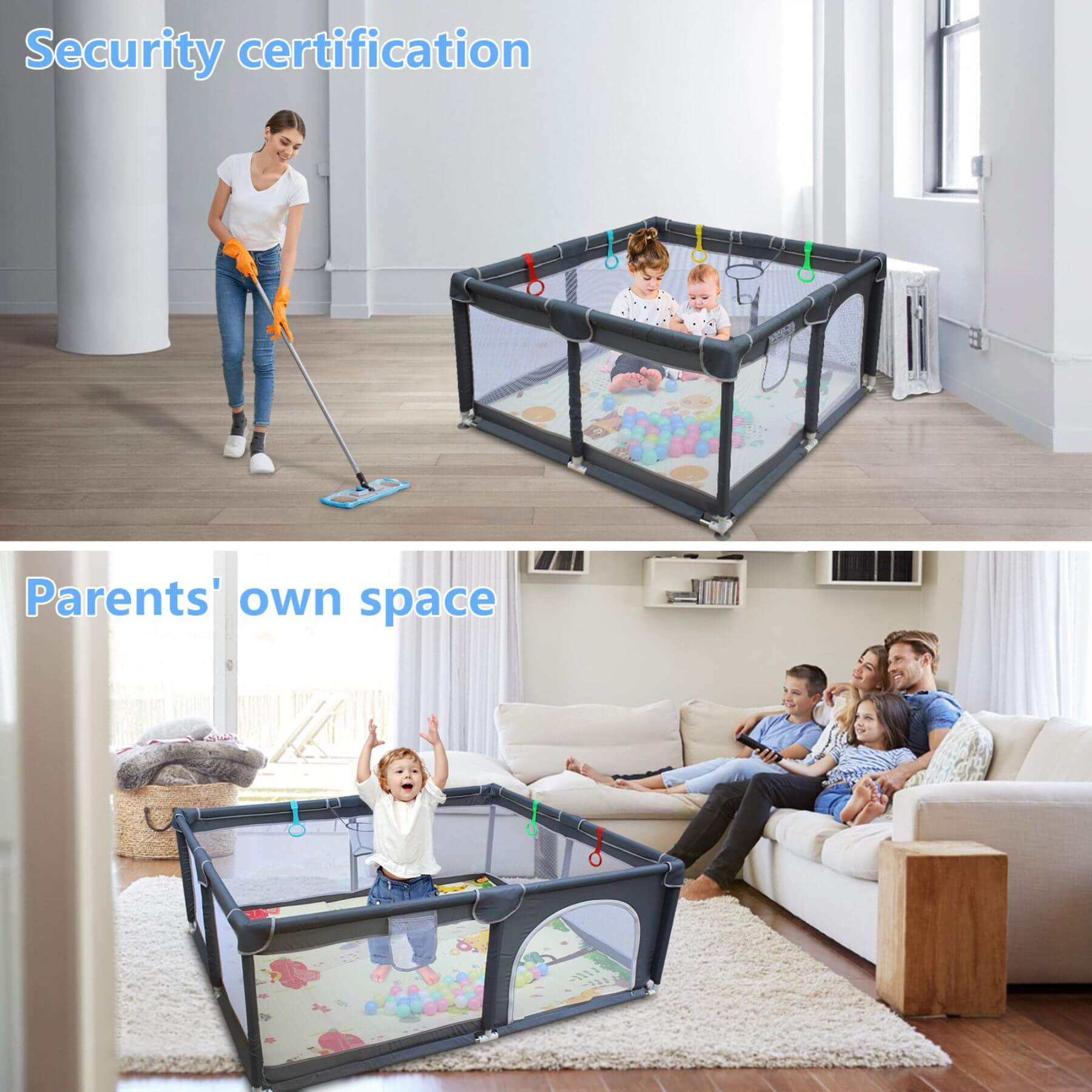 Baby playpen in a living room with children playing and parents relaxing.