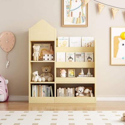 Children's room with Kids Wooden Bookshelf Toy Storage Organizer - Wood, toys, and decorative items.